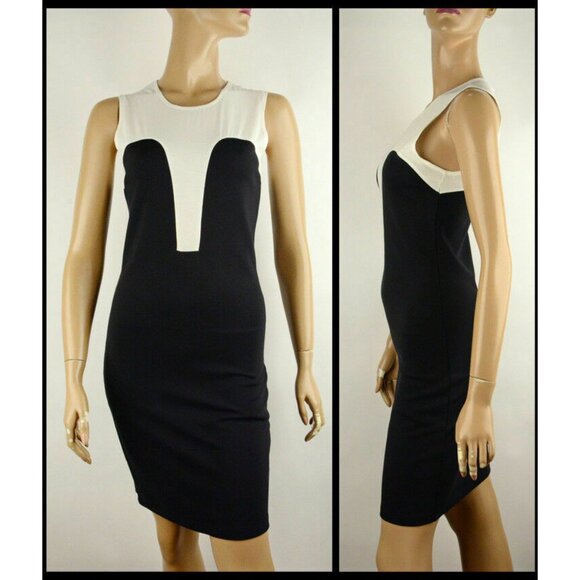 McQ ALEXANDER MCQUEEN DRESS BODYCON CREPE DE CHINE JERSEY BLACK WHITE sz 40 4 - Picture 5 of 8